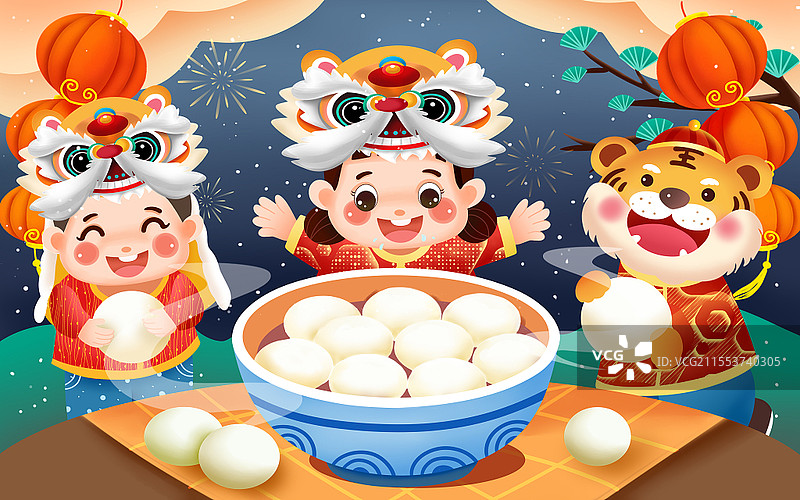 彩色卡通手绘中国风元宵节小孩老虎吃汤圆原创插画海报元宵节插画图片素材