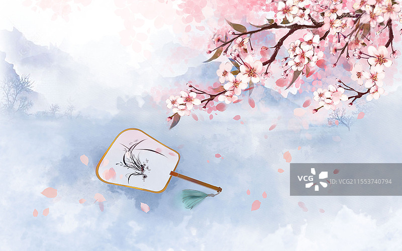 古风春天水墨桃花花枝扇子氛围意境插画图片素材