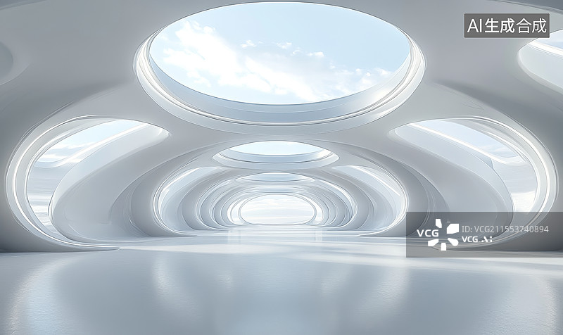 【AI数字艺术】白色干净科幻感室内空间图片素材