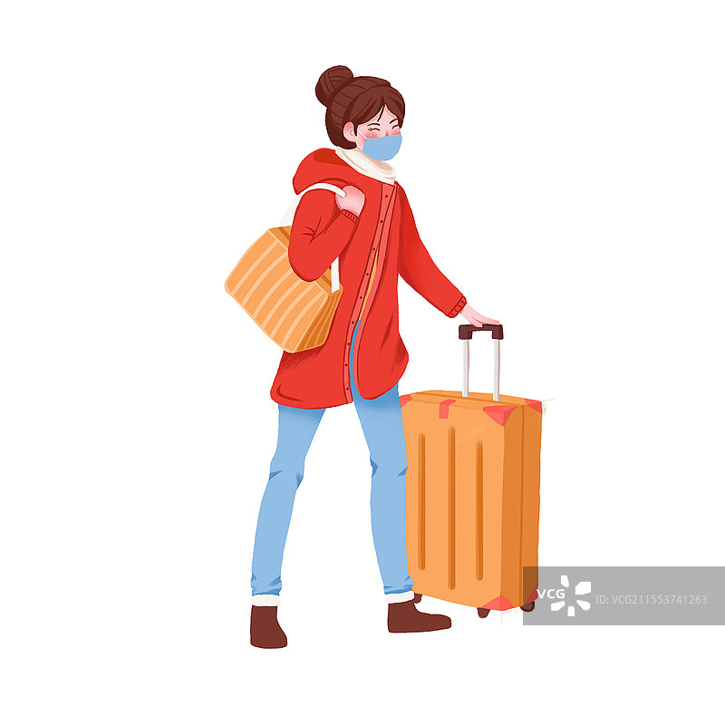 春节春运回家过年戴口罩的女孩元素春节春运回家过年元素图片素材