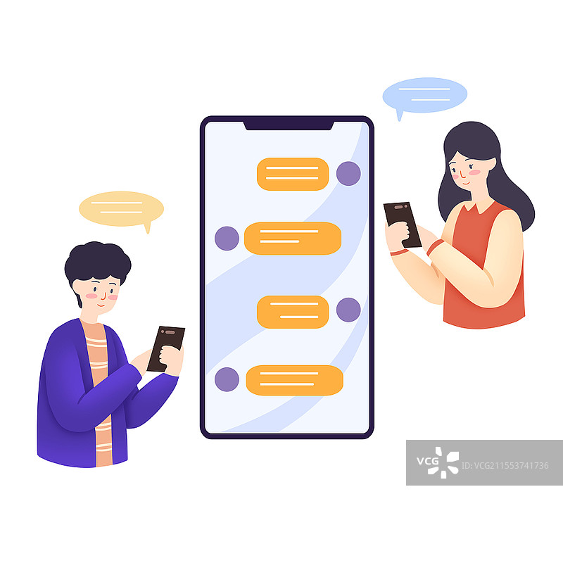 扁平风双人拿手机人物通信联络场景PNG素材玩手机上网的人元素图片素材