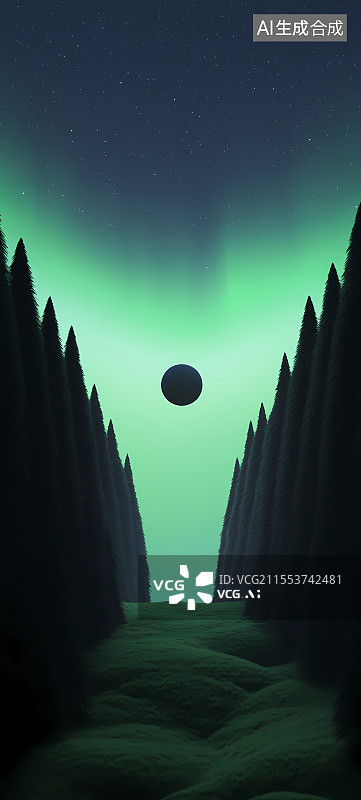 【AI数字艺术】林海幽径间的极光与悬月图片素材