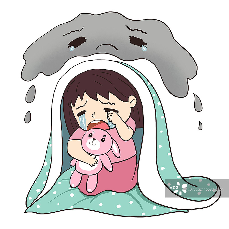 漫画卡通自卑女孩躲被子里哭泣插画关注儿童心理健康国际癫痫日图片素材