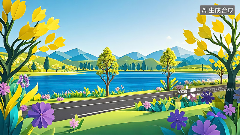 【AI数字艺术】3D剪纸艺术风格田园风光与空白的汽车公路背景图片素材