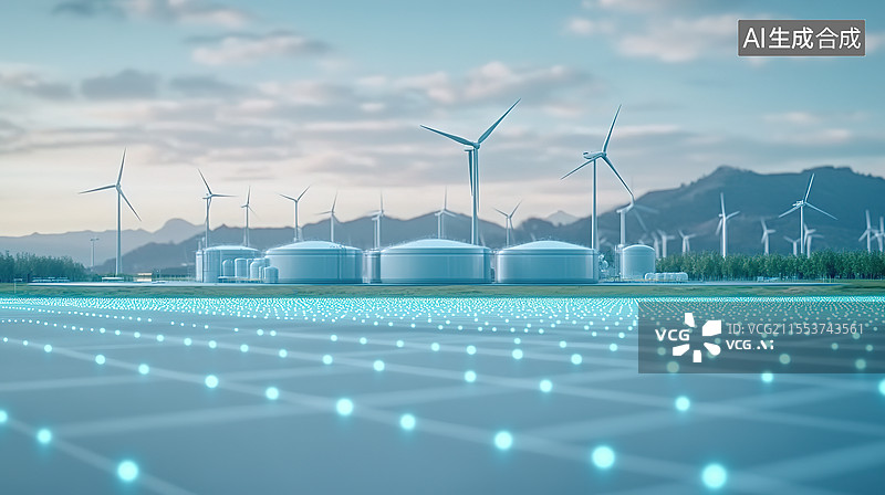【AI数字艺术】风力发电和储能技术新能源科技新型电力系统概念插画图片素材