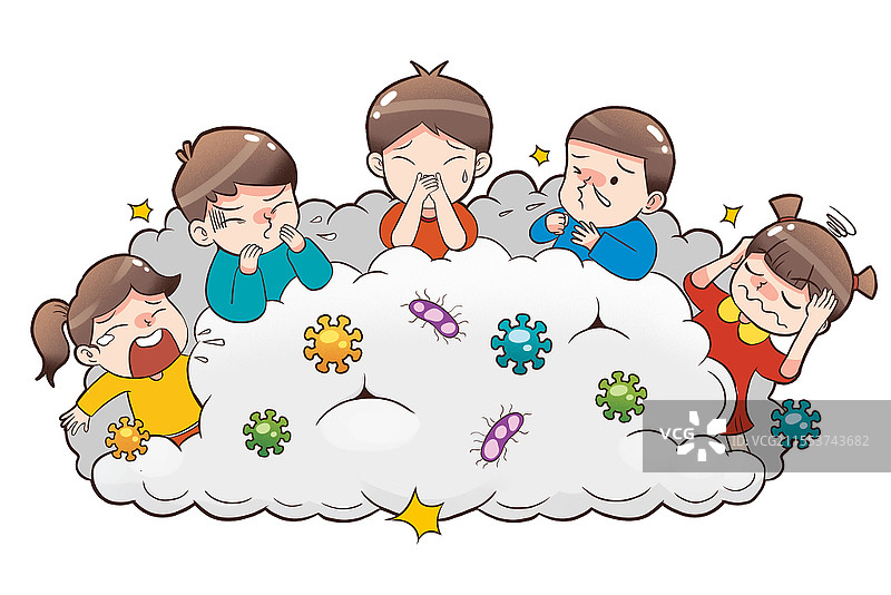 卡通幼儿园小朋友感冒咳嗽流感甲流插画医疗宣传教育幼儿园甲流图片素材