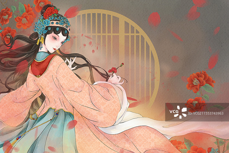 水彩古风京剧戏曲文化花旦唱戏飘逸人物插画背景图片素材