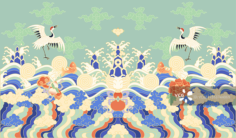 仙鹤牡丹葫芦如意桃祥云海水江崖纹中国纹样插画图片素材
