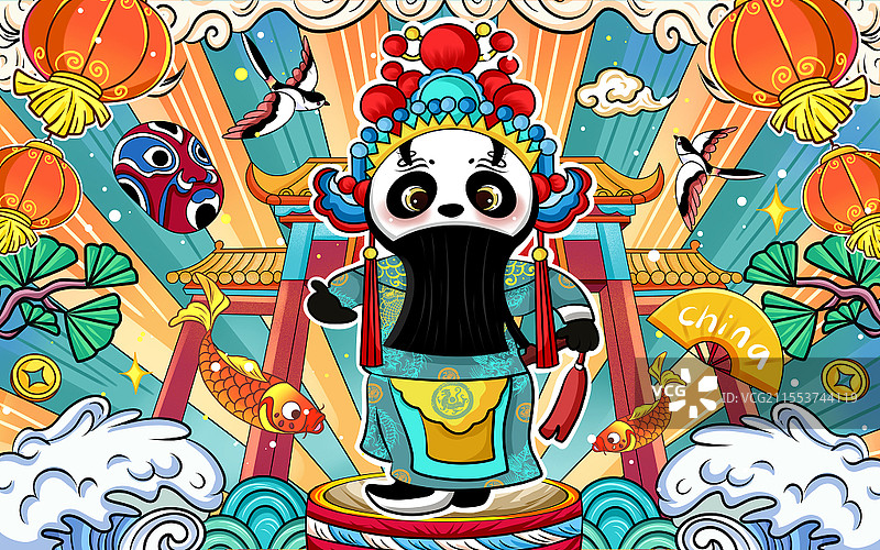 彩色卡通手绘国潮熊猫京剧净角花脸原创插画海报戏曲图片素材