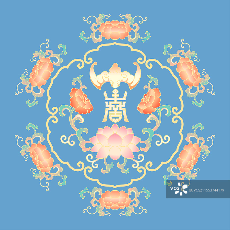 福寿连连牡丹花莲花富贵吉祥中国纹样插画图片素材