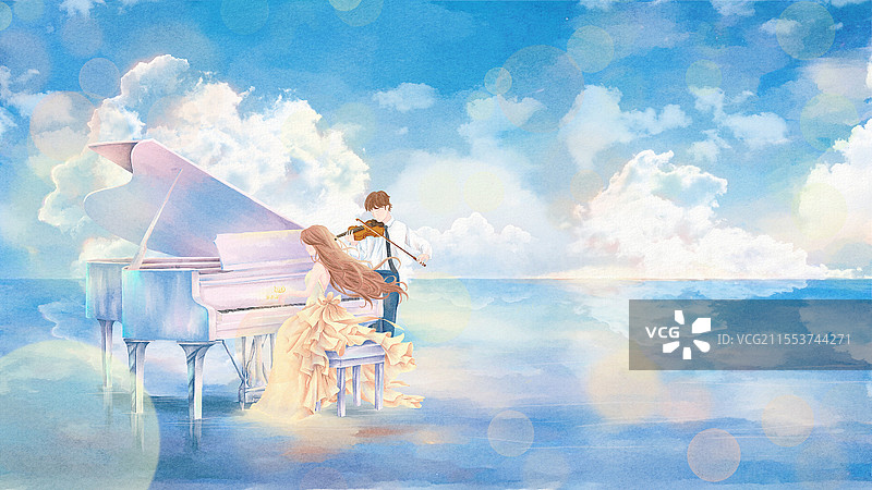 水彩梦幻浪漫唯美弹钢琴的女孩拉小提琴的男孩插画背景海天一线图片素材