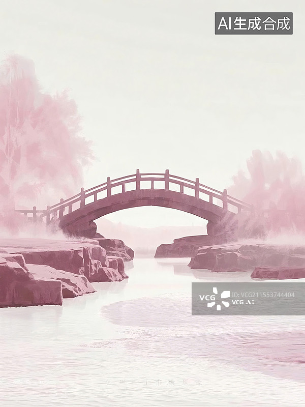 【AI数字艺术】梦幻粉色中式拱桥风景图片素材