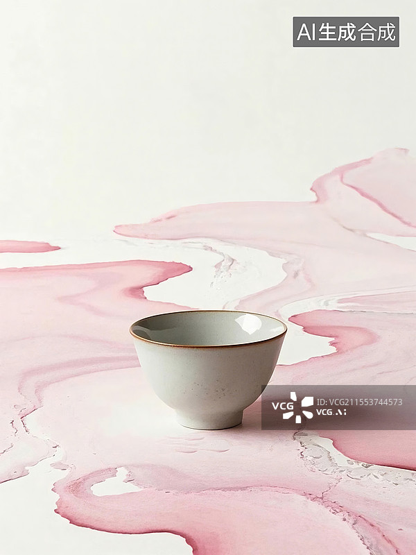 【AI数字艺术】粉色水墨背景素雅瓷碗图片素材