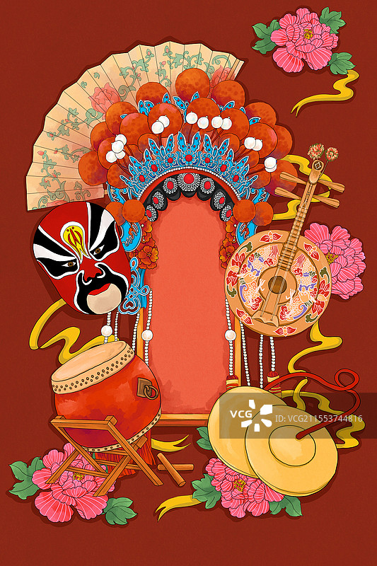 水彩国风京剧戏曲道具文化科普花旦头冠月琴折扇插画背景图片素材