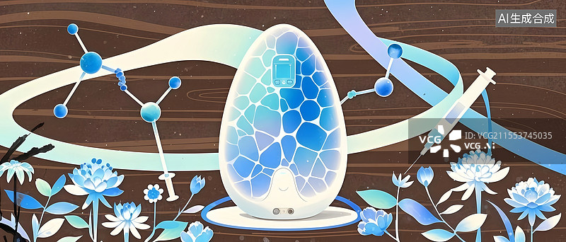 【AI数字艺术】月白检测仪扁平插画，椭圆基座冰裂纹探针环绕靛青分子全息投影图片素材