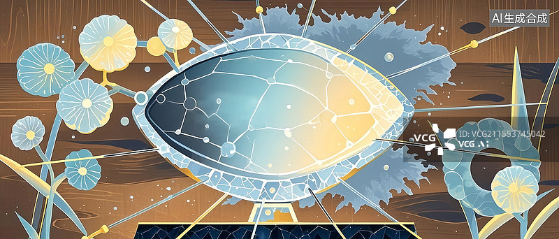【AI数字艺术】月白检测仪扁平插画，椭圆基座冰裂纹探针环绕靛青分子全息投影图片素材