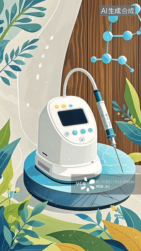 【AI数字艺术】月白检测仪扁平插画，椭圆基座冰裂纹探针环绕靛青分子全息投影图片素材