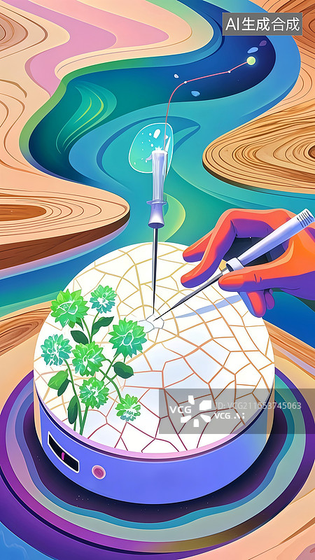 【AI数字艺术】月白检测仪扁平插画，椭圆基座冰裂纹探针环绕靛青分子全息投影图片素材