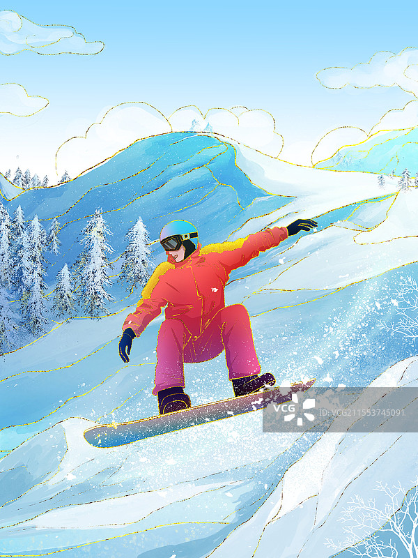 国潮单板滑雪运动人物插画冬天雪山滑雪运动员图片素材