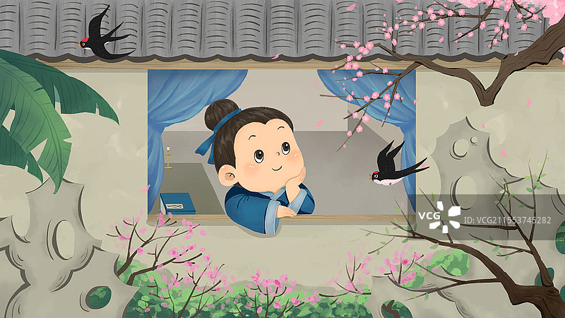 卡通古诗春晓古代诗人窗前赏花插画春天燕子桃花图片素材