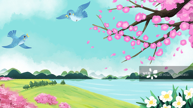 卡通小清新春天踏青户外风景插画桃花山水图片素材