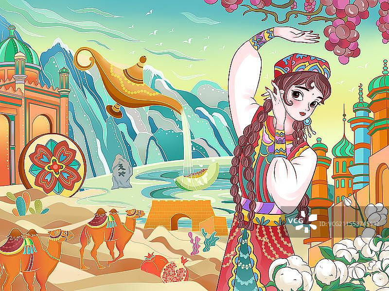 卡通手绘大美新疆旅游宣传原创插画海报沙漠山水异域风景民族少数民族民族团结图片素材