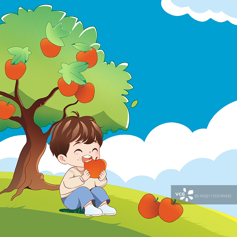 卡通男孩吃苹果儿歌配图插画元素世界儿歌日图片素材