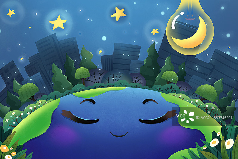 卡通地球一小时地球熄灯睡觉创意插画夜晚城市图片素材