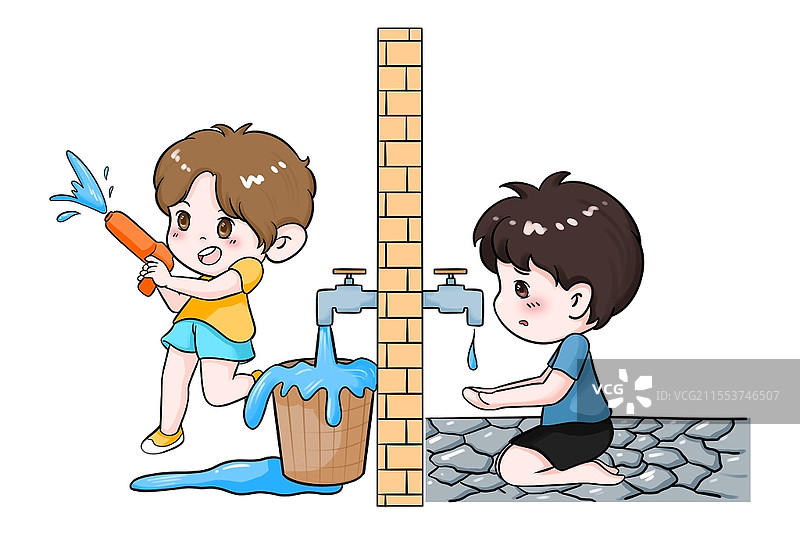 卡通男孩保护水资源插画节约用水干旱保护环境水龙头公益活动图片素材