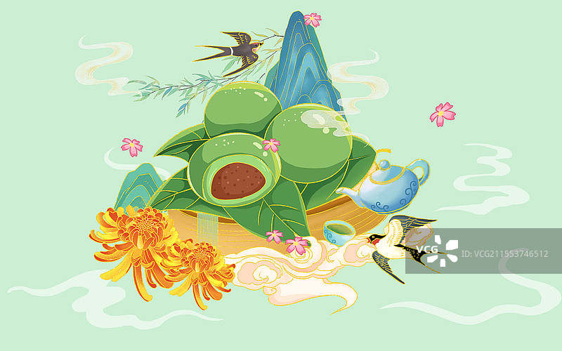 清明节日节气国潮手绘插画燕子菊花青团山云花茶壶茶柳树清明节清明图片素材
