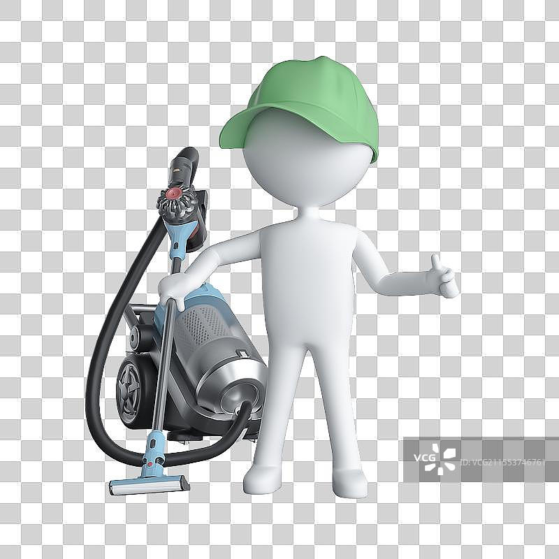 3D手握吸尘器的清洁人员形象PNG插画素材图片素材
