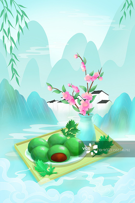 清明青团子国潮清新山水插画清明节清明图片素材
