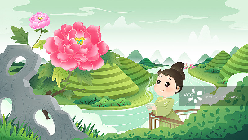卡通谷雨女孩喝茶赏牡丹插画二十四节气春天图片素材