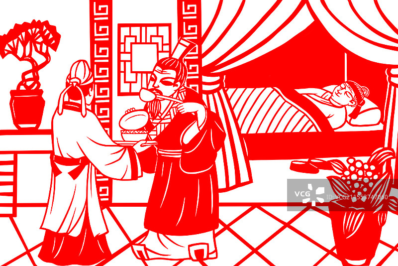 红色剪纸插画素材二十四孝亲尝汤药故事中国风图片素材