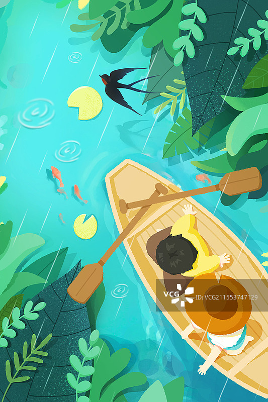 卡通手绘划船24节气雨水谷雨惊蛰插画风景绿色春天二十四节气春游春分图片素材