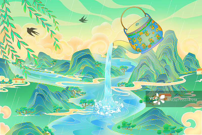 二十四节气谷雨山水风景国潮插画春天茶壶图片素材