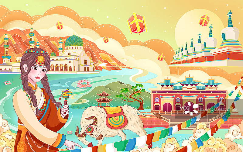 彩色卡通手绘中国旅游文化宣传青海原创插画民族少数民族民族团结图片素材