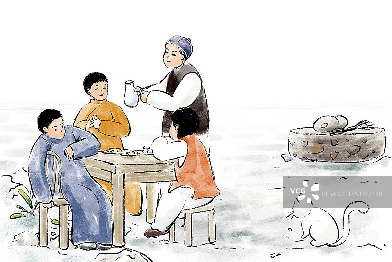 国风漫画家风家乡美食聚餐小院农家美味插画元素图片素材