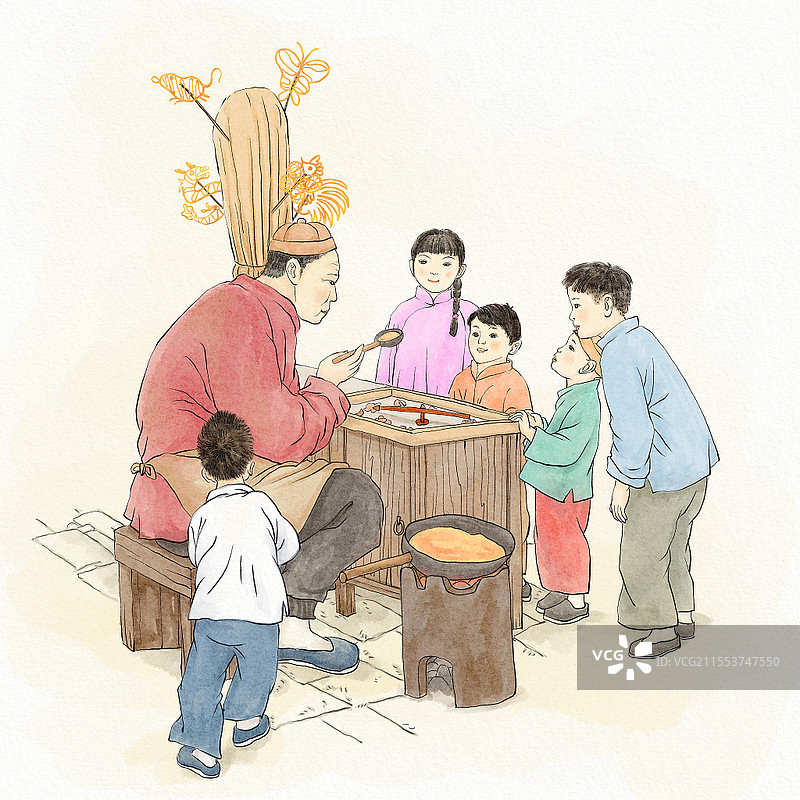 古风水彩水墨非物质文化遗产画糖人画糖画儿童人物插画素材元素图片素材