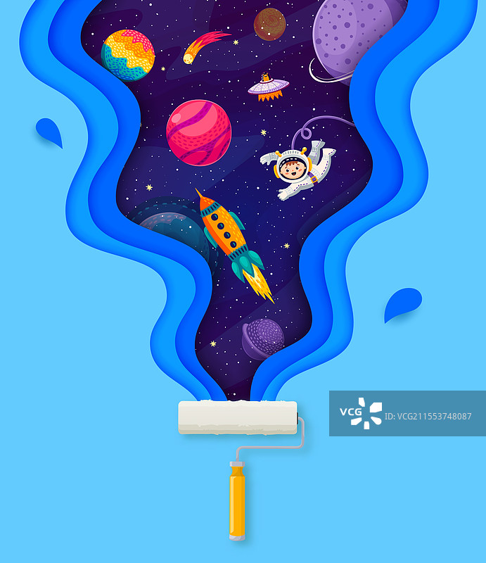 剪纸太空风景，油漆滚筒与宇宙图片素材