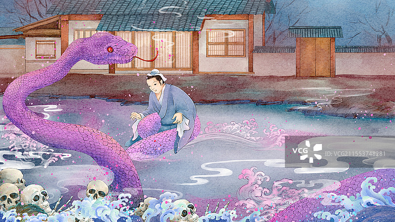 古风水彩中式恐怖蒲松龄聊斋志异蛇妖插画图片素材