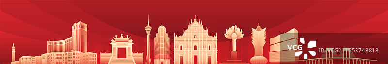 澳门金色地标城市红色背景插画图片素材