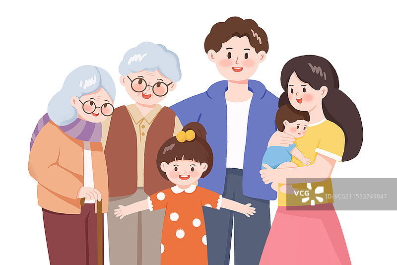 卡通幸福温馨一家人爸爸妈妈爷爷奶奶三代人插画国际家庭日图片素材