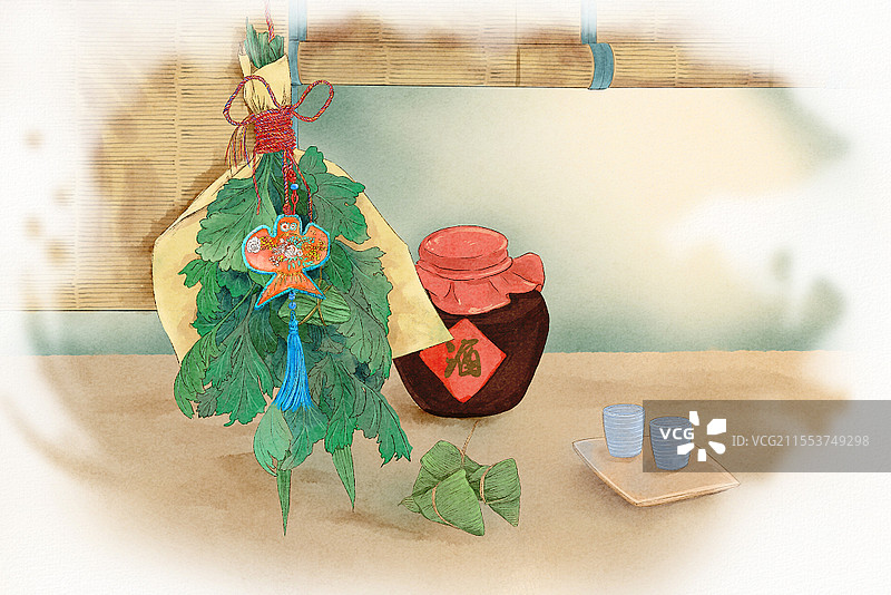 水彩端午节挂艾草菖蒲饮黄酒包粽子民俗习俗插画图片素材