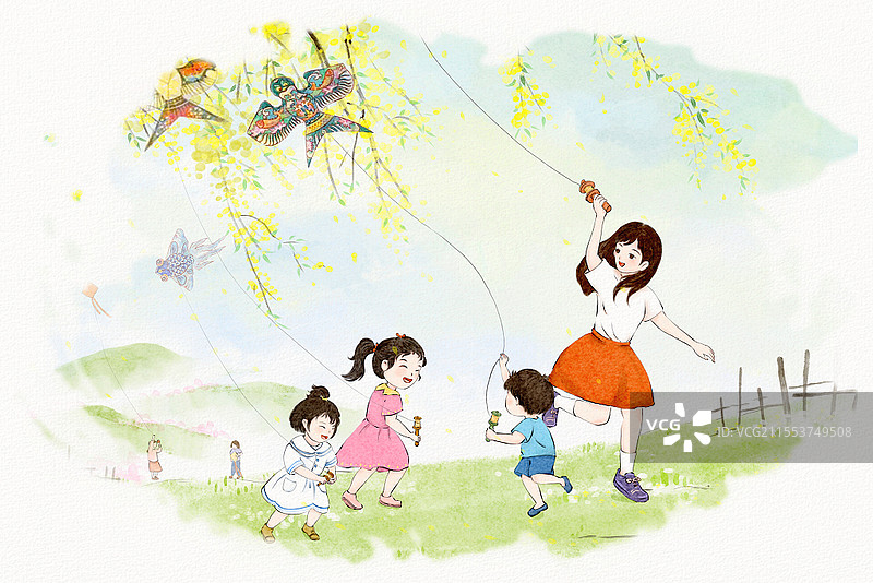 卡通可爱水彩端午节儿童放风筝放殃传统习俗民俗插画素材儿童节童年图片素材