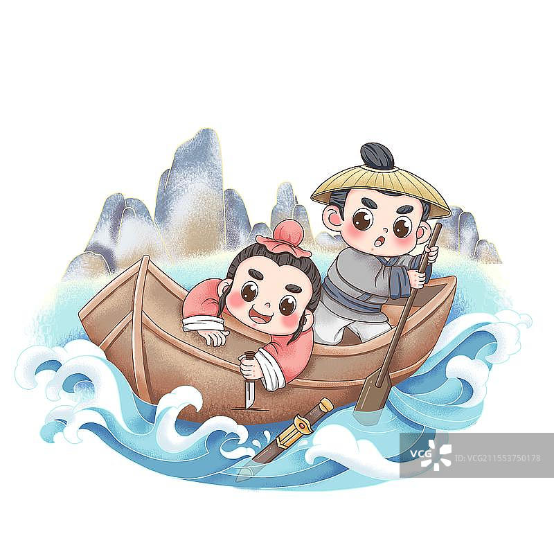 可爱卡通成语故事典故刻舟求剑教育学习插画图片素材