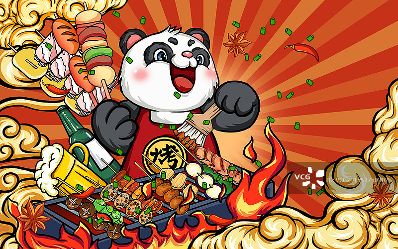 手绘国潮卡通手绘插画烧烤熊猫啤酒串串图片素材