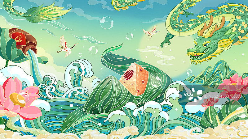 彩色卡通手绘中国风国潮风端午节粽子中国龙原创插画图片素材