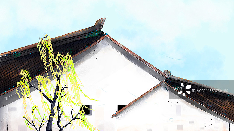 水墨春天徽州江南人家建筑插画元素图片素材
