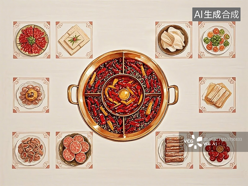 【AI数字艺术】国潮单品插画-九宫格火锅图片素材